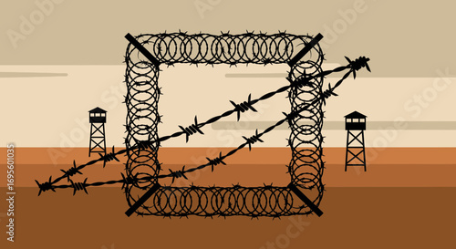 Conceptual illustration depicting border security and restricted access environment with barbed