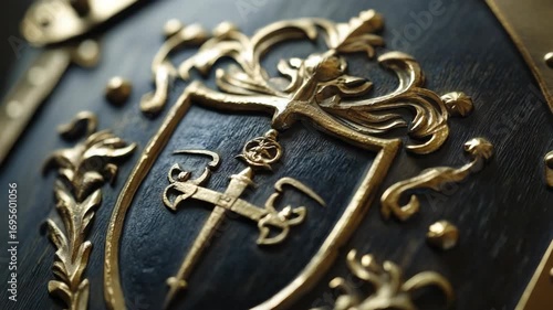 Ornate golden crest featuring sword and shield with intricate designs on dark wood