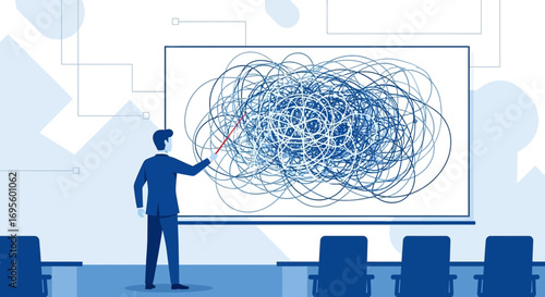 Confused presentation of a complex system with tangled lines and a presenter pointing at it in a