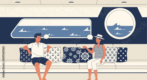 Couple relaxing on a yacht sofa with nautical themed cushions and ocean views illustration