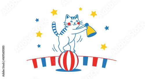 Cute cartoon cat performing circus act with ball bell and flags for children entertainment