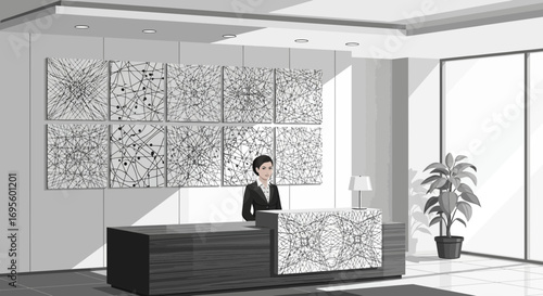 Elegant monochrome reception area with attendant and abstract art installation exudes modern