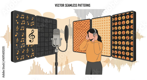 Female musician in a soundproof booth recording studio singing into a retro microphone