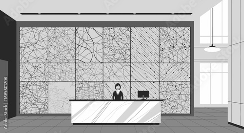 Elegant Reception Area with Modern Abstract Art and Professional Receptionist Setting