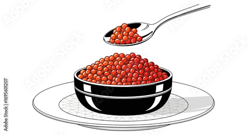 Elegant Illustration of Red Caviar Served in a Bowl with Spoon for Culinary Delights