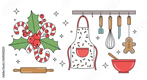 Festive Baking Scene: Flat Vector Illustration of Holiday Kitchen Tools and Christmas Decorations