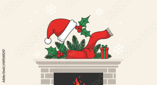 Festive fireplace illustration with santa hat holly scarf gift and pine branches adds christmas