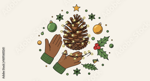 Festive winter scene with pine cone ornaments, Christmas lights, and cozy gloves design