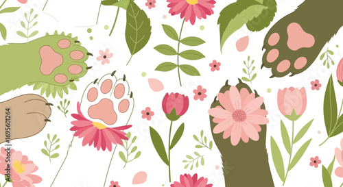 Floral spring pattern featuring cute animal paws with colorful flowers and leaves
