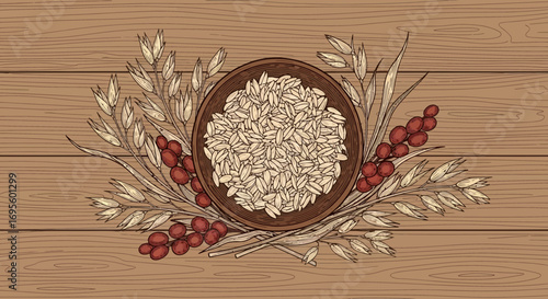 Hand-Drawn Illustration of Bowl Filled with Rice Grains with Oats and Berries Decoration over Wood