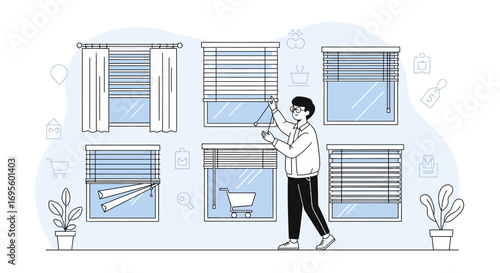 Illustration showcasing a man operating different types of window blinds and curtains options