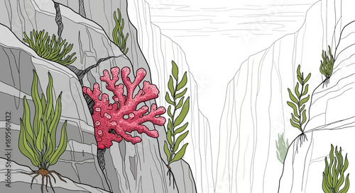 Illustrative depiction of coastal cliffs with thriving seaweed and vibrant coral reef formations