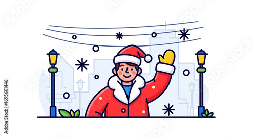 Joyful Christmas character waving in a winter wonderland with street lamps and snowfall