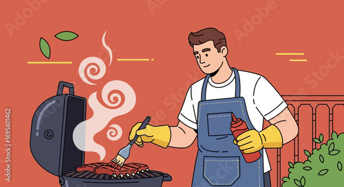 Man cooking ribs on a barbecue grill outdoors backyard cookout scene flat illustration cooking