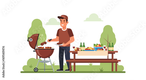 Man Enjoying a Barbecue in the Park on a Sunny Day Cartoon Illustration