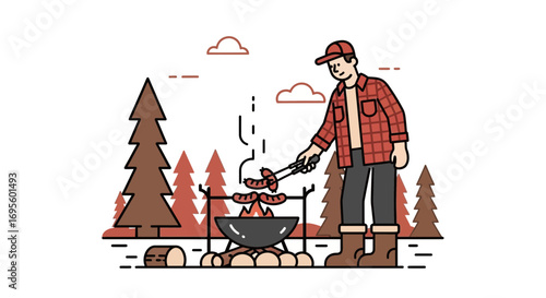 Man enjoying outdoor cooking sausages over a campfire surrounded by trees illustration