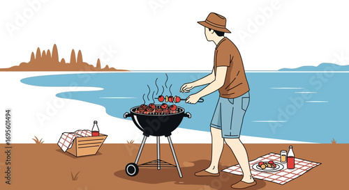 Man enjoys outdoor barbecue by the lake grilling delicious food with beautiful view summer picnic