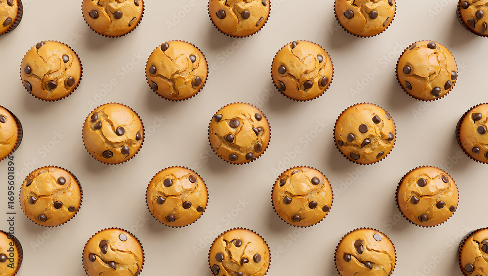 Obraz premium Neat pattern of freshly baked chocolate chip muffins arranged on a neutral background, perfect for showcasing bakery goods and sweet treats