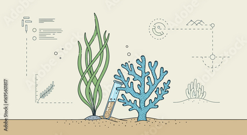 Stylized illustration showcasing marine ecosystem elements with scientific data representation