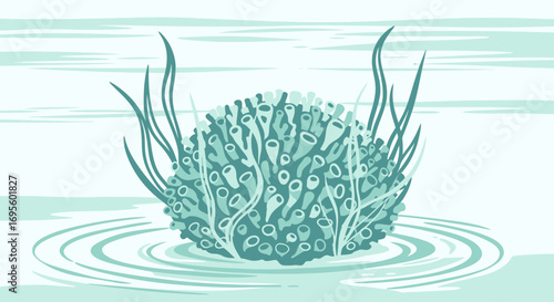 Stylized underwater scene featuring a sponge and seaweed in a serene aquatic environment with a