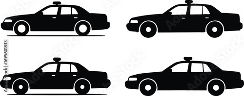 Set of four black police car silhouettes from different angles for design silhouette