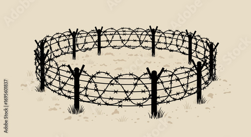 Symbolic barbed wire fence enclosing a space representing restriction and captivity