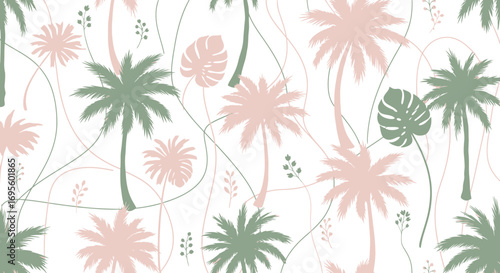 Tropical paradise seamless pattern with pastel palm trees and monstera leaves creates a serene and