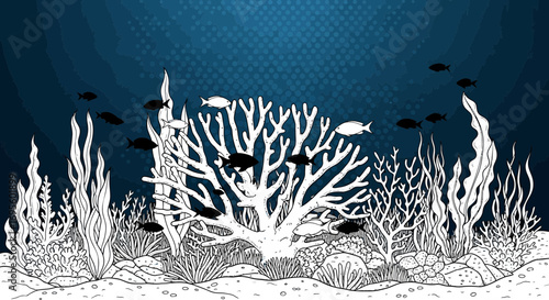 Underwater Coral Reef Ecosystem with Fish and Algae Hand Drawn Illustration