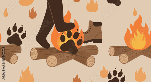 Whimsical camping adventure a bear and a hiker's journey around a bonfire scene