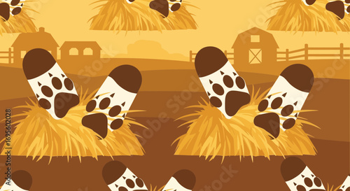 Whimsical farm landscape with bear paw mittens repeating pattern design illustration