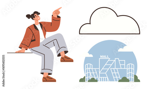 Woman sitting and gesturing upwards, abstract cloud design, modern mall facade. Ideal for creativity, urban design, shopping, aspirations, leisure architecture future thinking. Simple flat metaphor