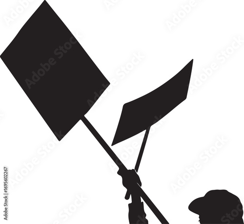 Silhouette of person holding protest signs with black and white contrast demonstration banner
