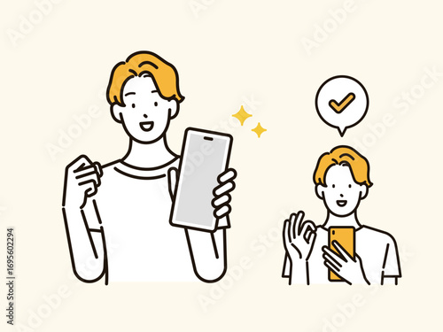 イラスト素材：スマホ画面を提示する男性と内容を確認する男性のイラストセット