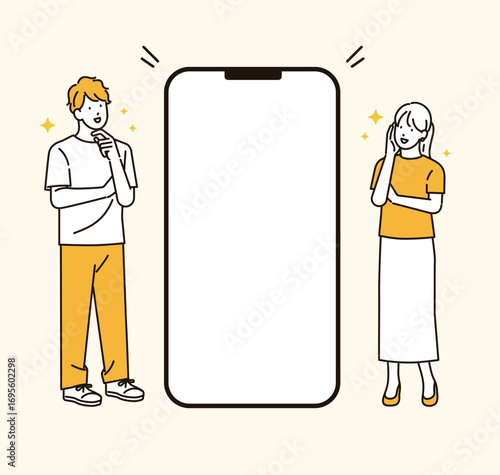 イラスト素材：スマホの画面に感動する若い男女