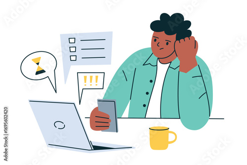 Flat cartoon vector illustration of office worker procrastinating at desk with laptop, using phone instead of work. Concept of procrastination, distraction, deadline stress, workplace productivity