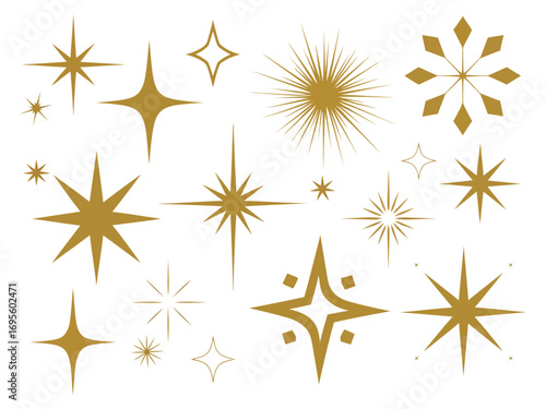 A vector collection of various golden star-like symbols and sparkling shapes. Assorted twinkle and glint icons for creative design