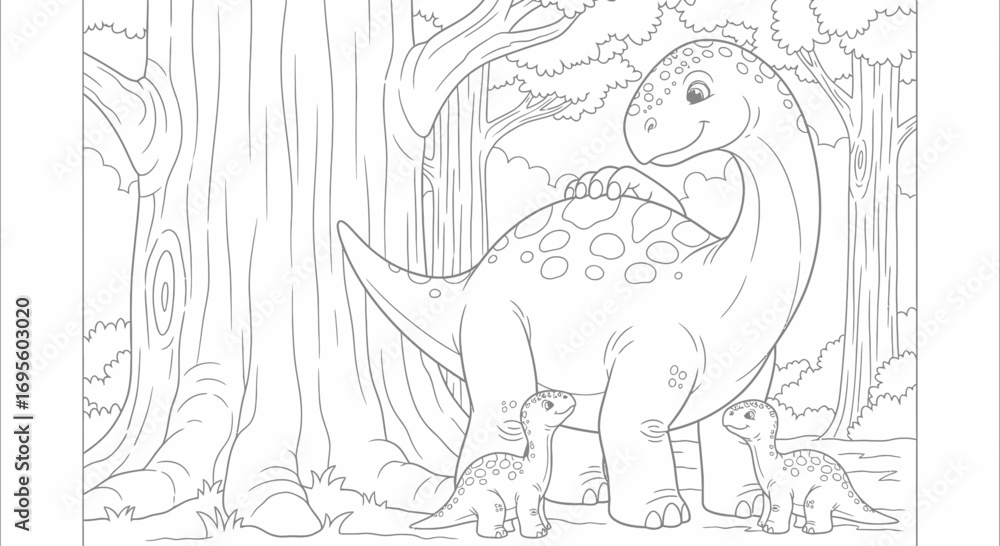 Naklejka premium Charming Dinosaur Family Outing in Forest Coloring Page for Creative Kids Art