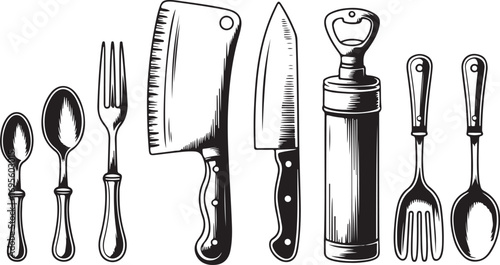 Engraved Kitchen Utensils Set Illustration Featuring Spoon, Fork, Cleaver, Knife, and Bottle Opener