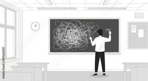 Classroom chaos: A student grapples with complex problem on the chalkboard concept
