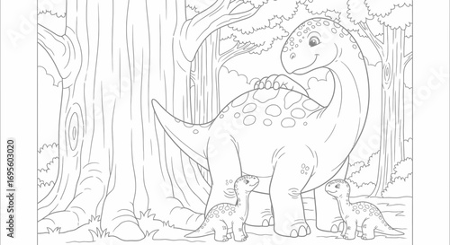 Charming Dinosaur Family Outing in Forest Coloring Page for Creative Kids Art