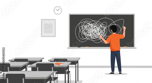 Concept of confusion and complexity in education represented by scribbles on blackboard in school