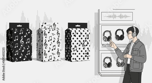 Headphones shopping experience illustration featuring a man selecting headphones from a store
