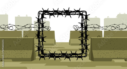 Illustration of a barricade with barbed wire symbolizing conflict and security measures