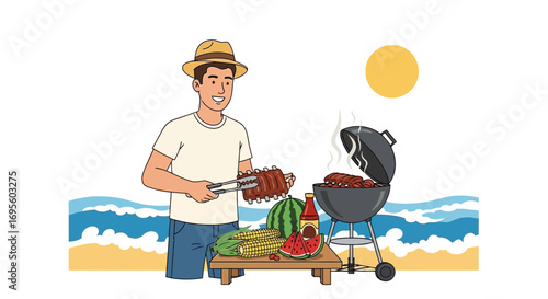 Illustration of a happy man grilling ribs at a beach barbecue party during summer season