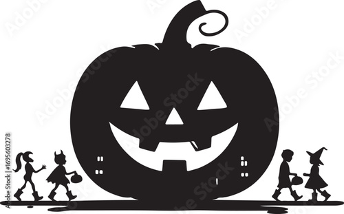 Black silhouette of a smiling jack o lantern with children trick or treating halloween pumpkin