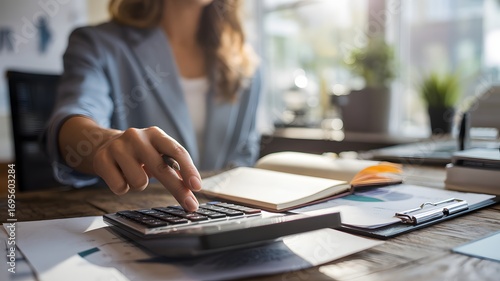Businesswoman In Office Using Calculator For Financial Accounting Budget Planning Tax Calculation And Business Management Concept