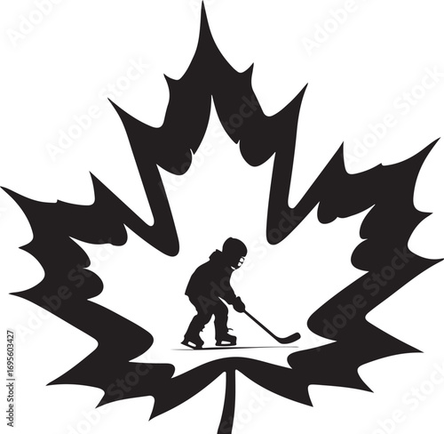 Black silhouette of child playing ice hockey inside a maple leaf outline vector
