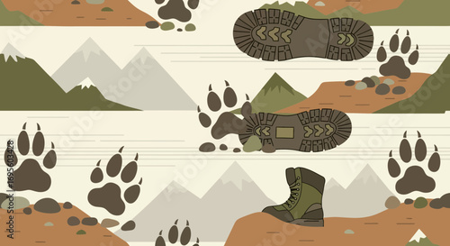 Seamless pattern featuring hiking boots, paw prints, and mountain landscapes illustration