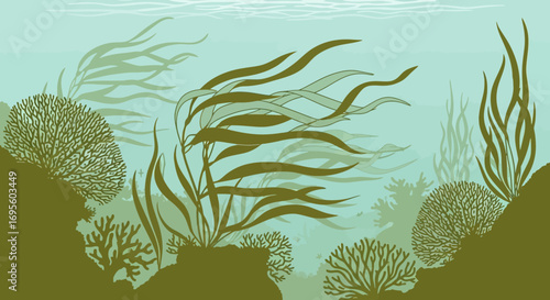 Underwater world illustration featuring seaweed coral reefs and a serene marine environment