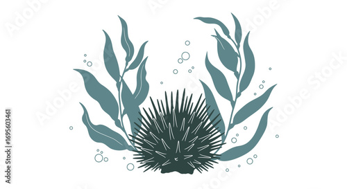 Underwater serenity sea urchin amidst flowing seaweed a peaceful ocean depths scene
